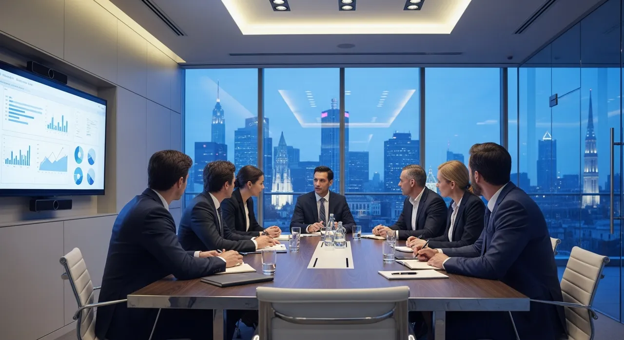 Professional team meeting in a glass boardroom